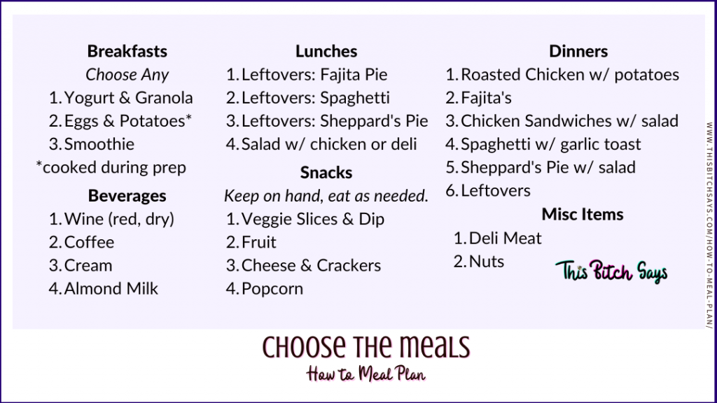 how to meal plan step 5: choose the meals example